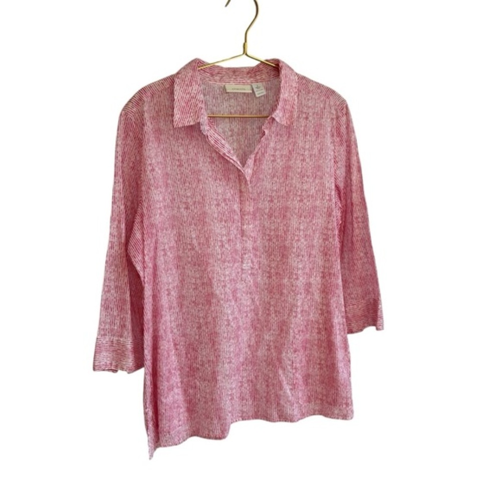 Chico’s Lightweight 100% cotton popover pink and white stripe with pockets. L/12